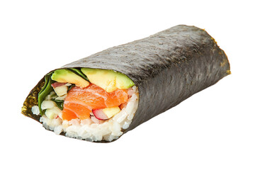 A delicious sushi roll filled with fresh salmon, avocado, and vegetables, wrapped in seaweed, Transparent background.