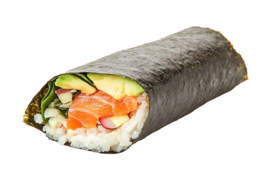 A delicious sushi roll filled with fresh salmon, avocado, and vegetables, wrapped in seaweed, Transparent background.