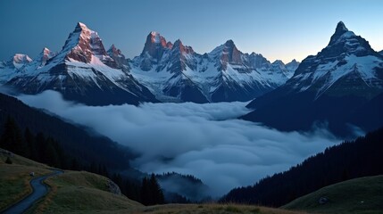 Snow-capped Bernese Alps under a cloudy night sky, dim moonlight casting shadows over rugged peaks. A serene yet dramatic landscape captured from a ground-level view.