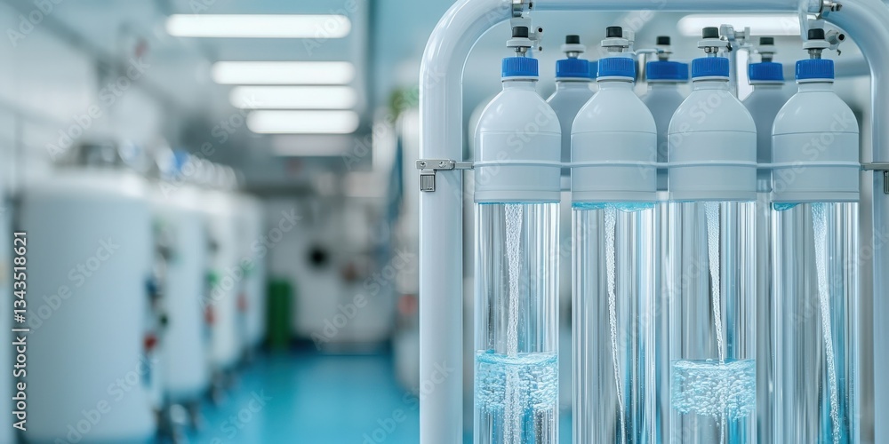 Poster science performance progress results concept. water bottles in a laboratory setting with a clean, mo