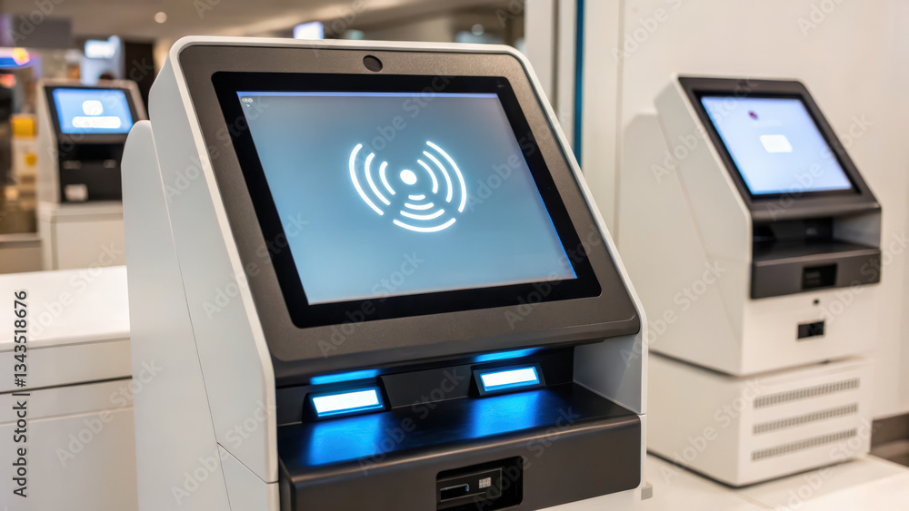 Poster self-service kiosk with touchscreen interface in a modern setting.