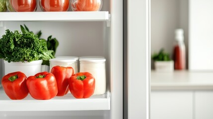 Perfectly arranged fridge shelves with fresh produce, dairy, and meal prep boxes, modern and functional food storage system