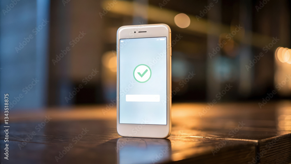 Poster smartphone displaying a checkmark on a screen, symbolizing confirmation or success.