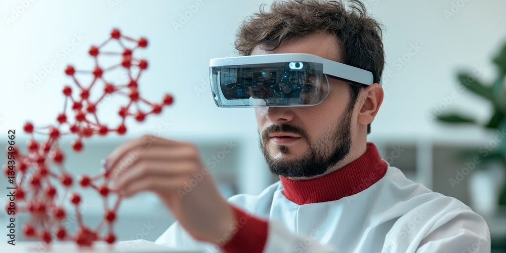 Poster science performance progress results concept. scientist using augmented reality glasses to examine m