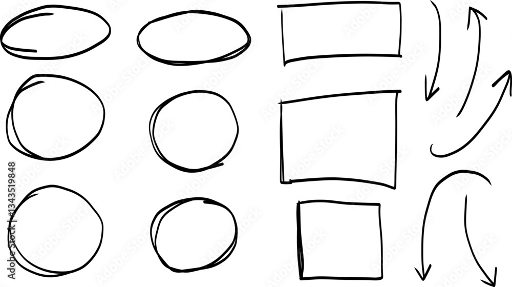 Poster collection of hand-drawn sketch-style circles, rectangles, and arrows. ideal for ui/ux wireframing, 