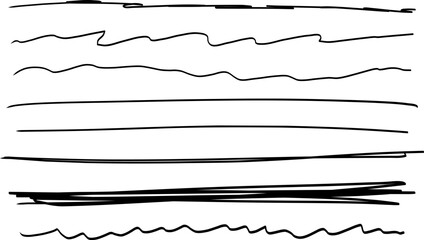 Set of hand-drawn sketchy lines with various shapes, including wavy, zigzag, and straight strokes. Minimalistic and artistic brush strokes isolated on a white background