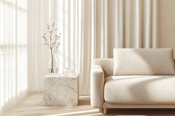 A clean minimalist living room featuring a light-toned fabric sofa, a small marble side table, a delicate glass vase, and