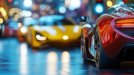 A red car is in the middle of a busy street