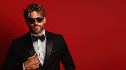 A stylish man in a tuxedo adjusts his bow tie, presenting confidence and sophistication in an eye-catching red background that embodies the essence of formal elegance.