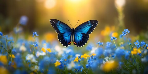 A vibrant blue butterfly in flight over a field of wildflowers, ideal for spring-themed designs, nature events, and floral promotions.