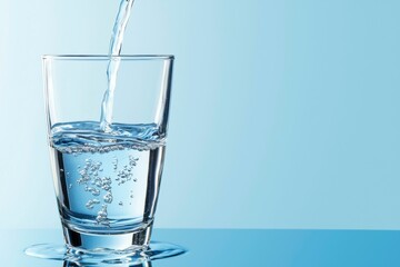 Refreshing Water Pour into Glass with Bubbles on Blue Background for Hydration and Wellness