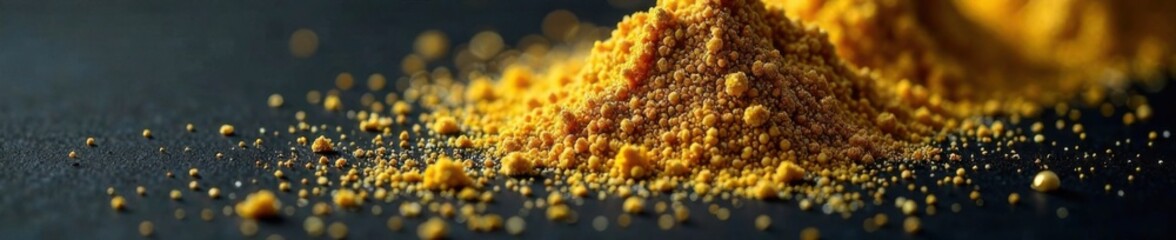 Sparkling gold glitter powder sprinkled on a dark black surface , Black Background, Darkness