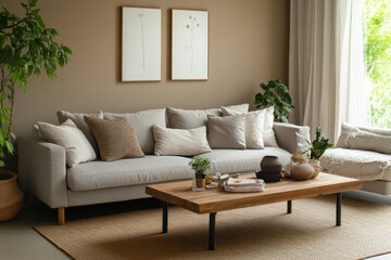 Naklejka premium A comfortable living room with soft taupe walls, a modern gray sofa, and a minimalist wooden coffee table, accented with