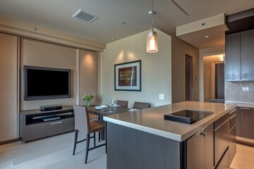 Obraz premium A compact apartment with a sleek kitchen island, a small dining nook with two chairs, and a wall-mounted TV unit
