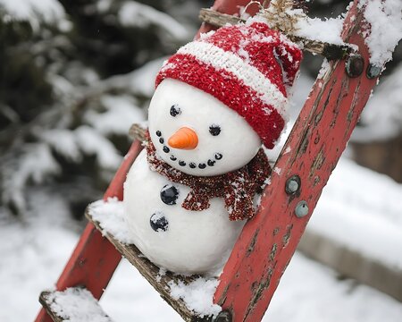 Snowman on snowy ladder - Powered by Adobe