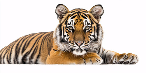 A captivating close-up portrait of a majestic tiger, lying down