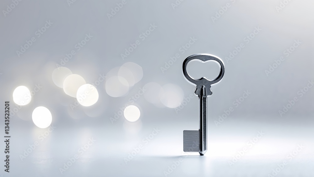 Poster brightly lit silver key stands against soft bokeh background creating an atmosphere of mystery and p