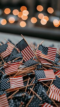 Celebration of patriotism with mini American flags at an outdoor gathering during evening lights