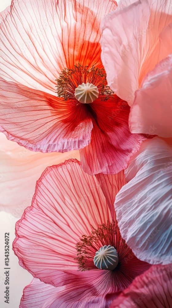 Aufkleber A stunning array of poppy flowers displays intricate layers of petals in vibrant red and soft pink tones, creating a captivating visual experience filled with elegance and beauty