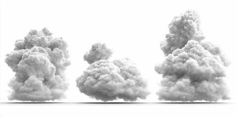 Three realistic digital renderings of cumulus clouds isolated on a white background.