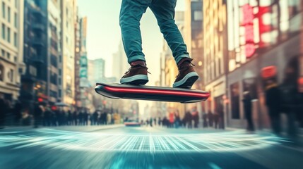 Urban mobility vision futuristic hoverboard ride through a modern cityscape scene
