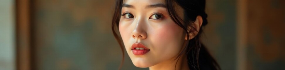 Stunning face of Asian woman in high-end setting, makeup, elegance