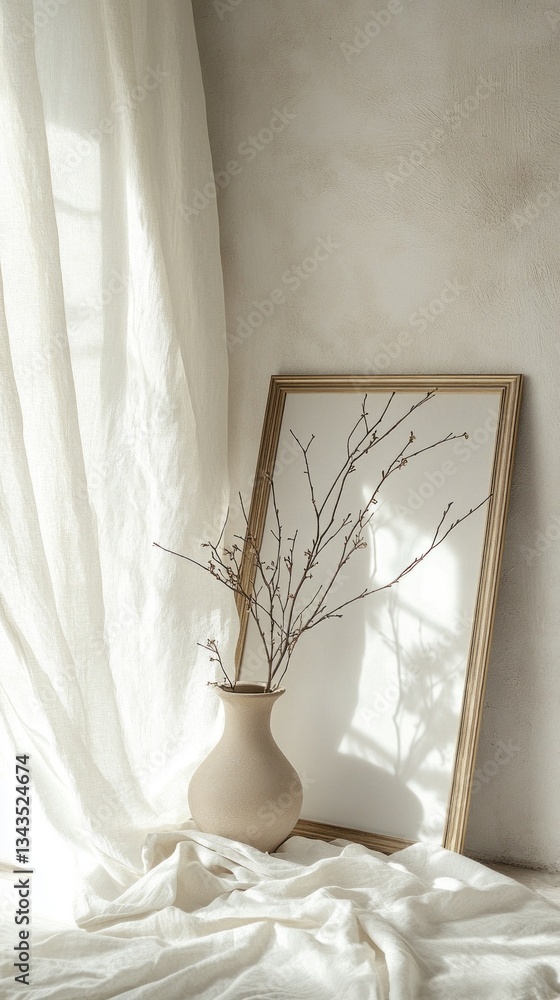 Poster soft curtains gently sway, allowing warm light to dance across a simple vase holding delicate branch