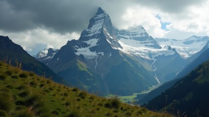 Eiger Mountain in Switzerland at mid-day with rain. Wet rock faces glisten under the diffused light, while raindrops add texture to the misty atmosphere. A professional