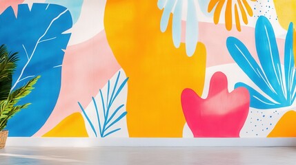 Naklejka premium Colorful Abstract Mural Design with Tropical Plant Decor