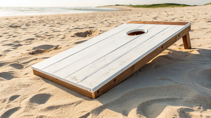White Cornhole Board on Sandy Beach Near Ocean