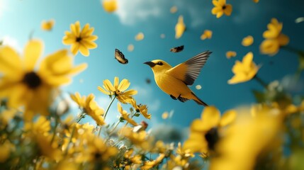 A vibrant bird gracefully flies through a field of cheerful yellow flowers, capturing the essence of nature's beauty and the joy of springtime moments for all to enjoy.