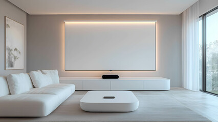 Fototapeta premium A sleek, all-white living room with voice-controlled LED lighting, a hidden projector screen, and futuristic AI-powered speakers