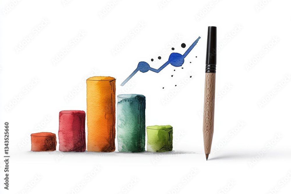 Poster colorful bar graph with a pen symbolizing growth and analytics in a creative and artistic representa