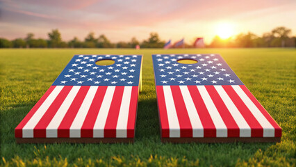 American Flag Cornhole Boards on Grass at Sunset