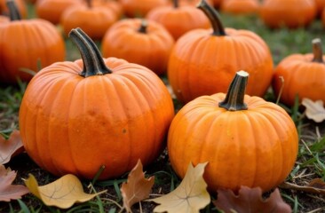 Vibrant autumn pumpkin harvest with fallen leaves in natural setting