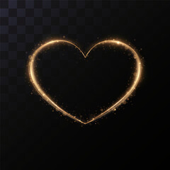 Golden heart with flares for holiday cards, banners, invitations. Glowing gold wire in the shape of a heart.