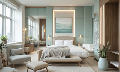 Tech-driven guest room in soft mint, featuring AI-powered guest preferences that automatically adjust the room temperature, lighting, and entertainment system
