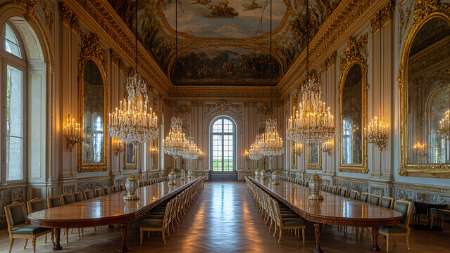 A regal dining room inside a French chateau, featuring a long wooden table, elegant gold-framed mirrors