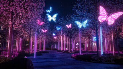 Fototapeta premium Illuminated pathway with glowing trees and butterflies at night.