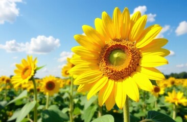 Fototapeta premium Vibrant sunflower field under clear blue sky