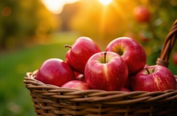 Sunlit red apples in a woven basket in lush greenery