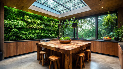 A unique kitchen with an integrated indoor greenhouse, featuring fresh herbs, vertical garden walls, and natural light pouring through a skylight