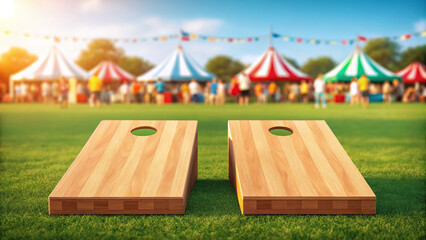 Two Cornhole Boards at a Festival with Tents in Background