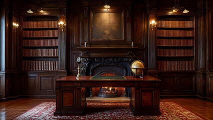 A lavish, Victorian-style study featuring dark wooden paneling, an ornate fireplace, and towering bookshelves filled with leather-bound classics
