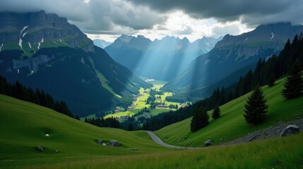 Obraz premium Aerial night view of Appenzell, Switzerland, under a cloudy sky. Faint moonlight highlights the contours of rolling hills and vast alpine meadows.