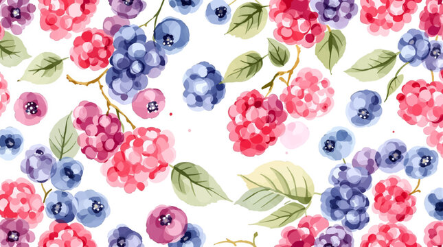Watercolor pattern featuring raspberries white background	