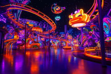 A vibrant 3D background of a futuristic amusement park at night. The roller coasters are illuminated by dazzling neon colors, while floating holographic mascots guide visitors through thrilling