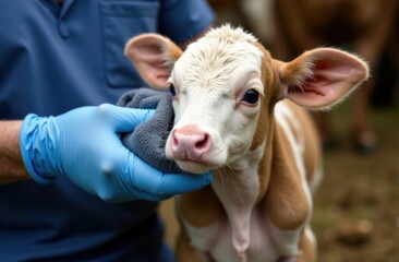 Veterinarian caring for adorable young calf with brown spots