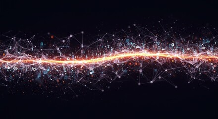 Abstract network visualization with glowing line, data points, and binary code on dark background