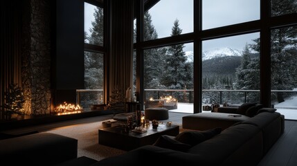 Fototapeta premium A stunning modern living room featuring a fireplace and panoramic views of a snowy landscape, creating a serene ambiance perfect for quiet evenings or gatherings by the fire.